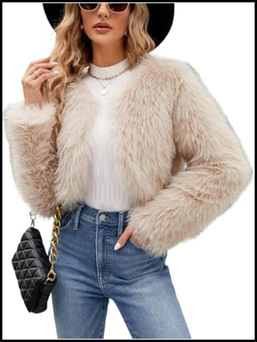 Women's Cropped Faux Fur Coat Long Sleeve Open Front Short Jacket Warm Outwear